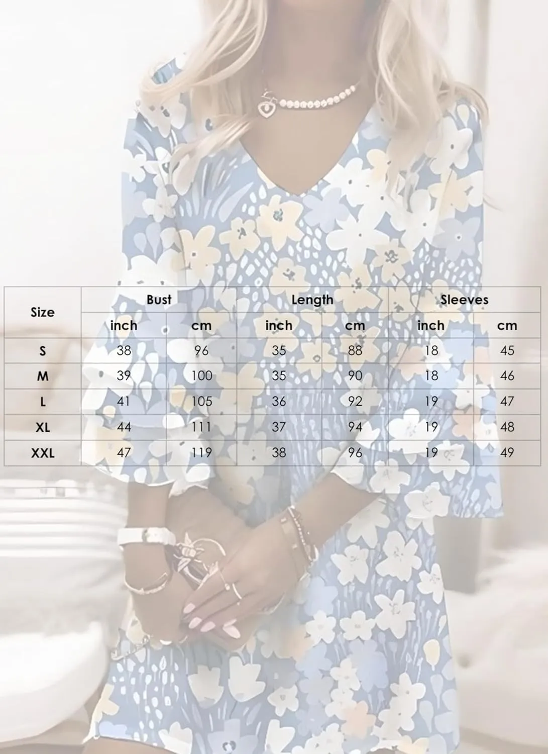 Women's Summer Dress Loose fit V-Neck Blue Floral Print 3/4 Sleeve Casual Beach Mini Dress (S-XXL)
