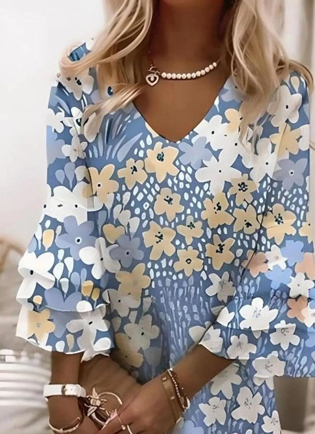 Women's Summer Dress Loose fit V-Neck Blue Floral Print 3/4 Sleeve Casual Beach Mini Dress (S-XXL)