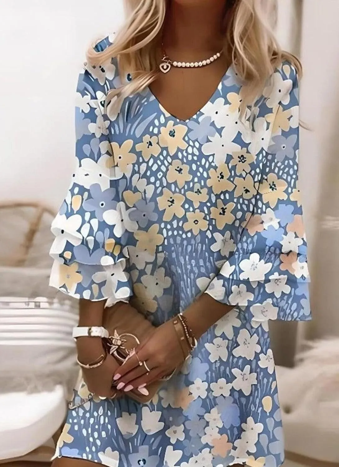 Women's Summer Dress Loose fit V-Neck Blue Floral Print 3/4 Sleeve Casual Beach Mini Dress (S-XXL)