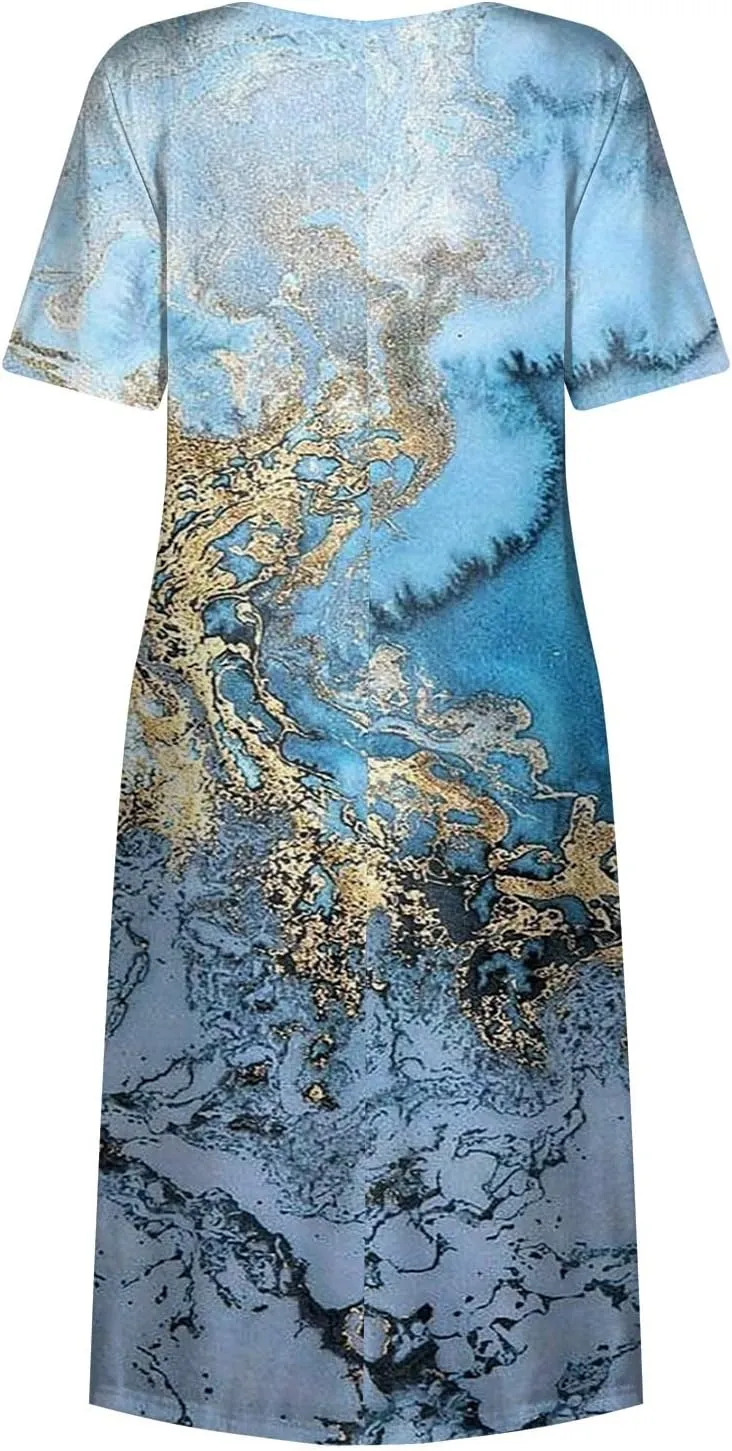 Womens Summer Dresses Printed O Neck Boho Dress Short Sleeve Pleated Beach Dress Flowy Long Dress with Pocket