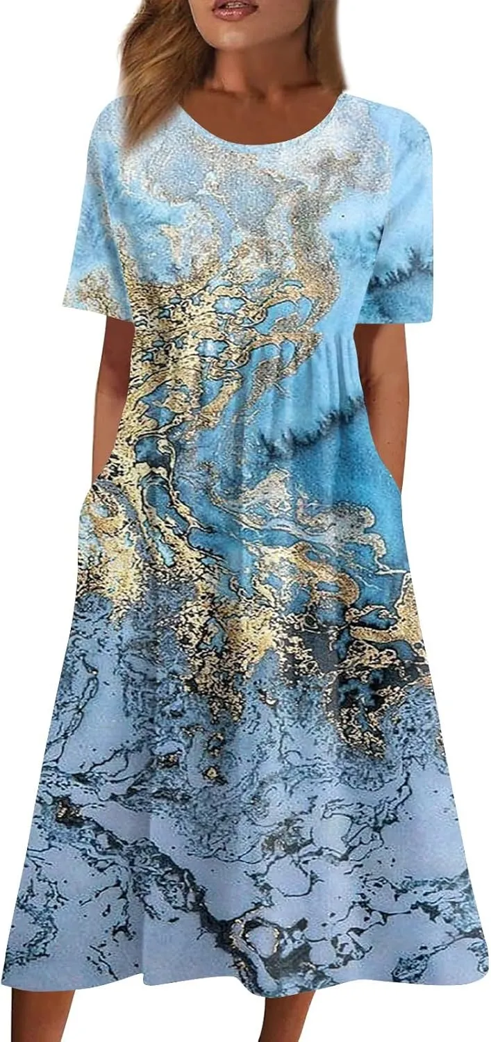 Womens Summer Dresses Printed O Neck Boho Dress Short Sleeve Pleated Beach Dress Flowy Long Dress with Pocket