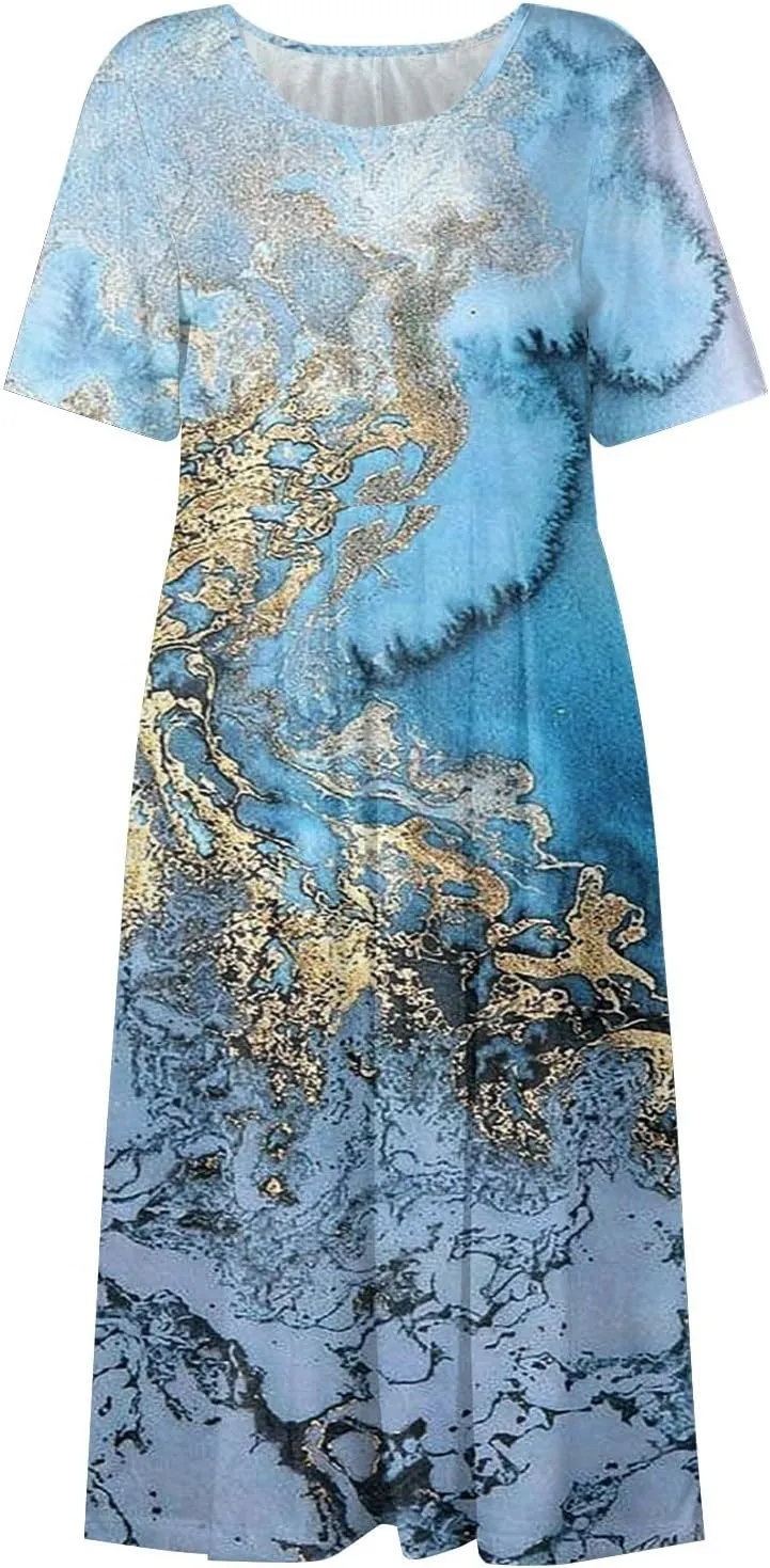 Womens Summer Dresses Printed O Neck Boho Dress Short Sleeve Pleated Beach Dress Flowy Long Dress with Pocket
