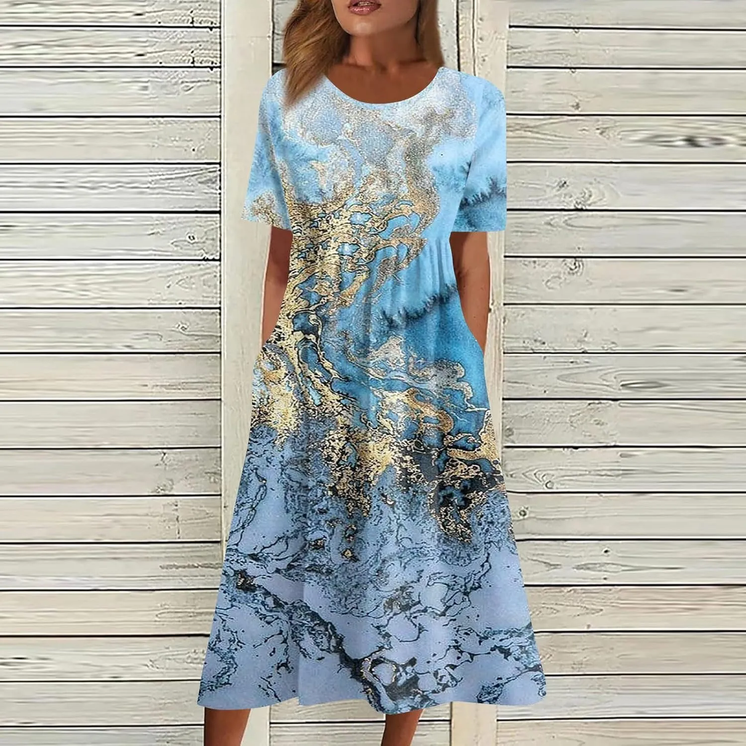 Womens Summer Dresses Printed O Neck Boho Dress Short Sleeve Pleated Beach Dress Flowy Long Dress with Pocket