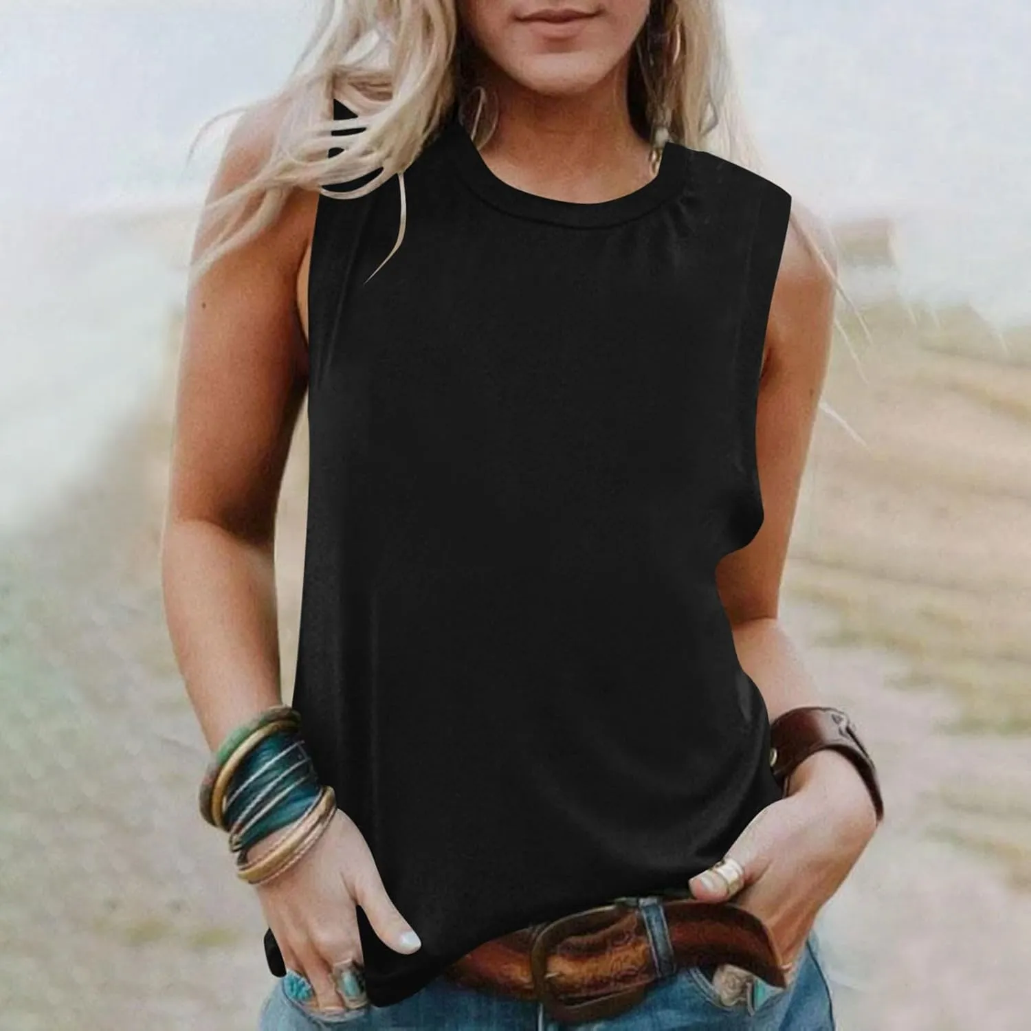 Womens Tank Tops Sleeveless Crew Neck Loose Fit Shirts Summer Clothes Solid Color Basic Tunic Blouse