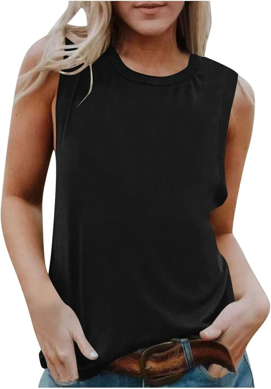 Womens Tank Tops Sleeveless Crew Neck Loose Fit Shirts Summer Clothes Solid Color Basic Tunic Blouse