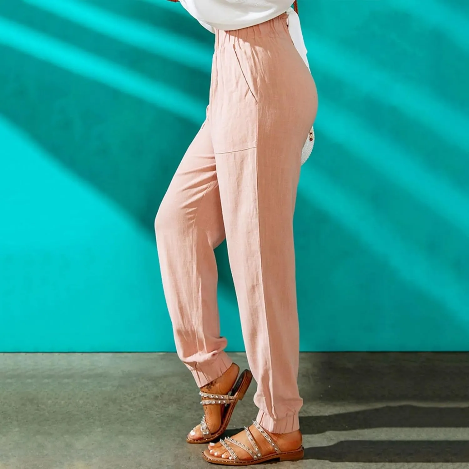 Womens Tapered Pants Summer Stretchy Ruffle High Waisted Pant Business Casual Solid Harem Pants Trousers with Pockets