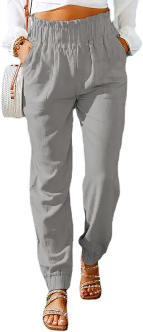 Womens Tapered Pants Summer Stretchy Ruffle High Waisted Pant Business Casual Solid Harem Pants Trousers with Pockets