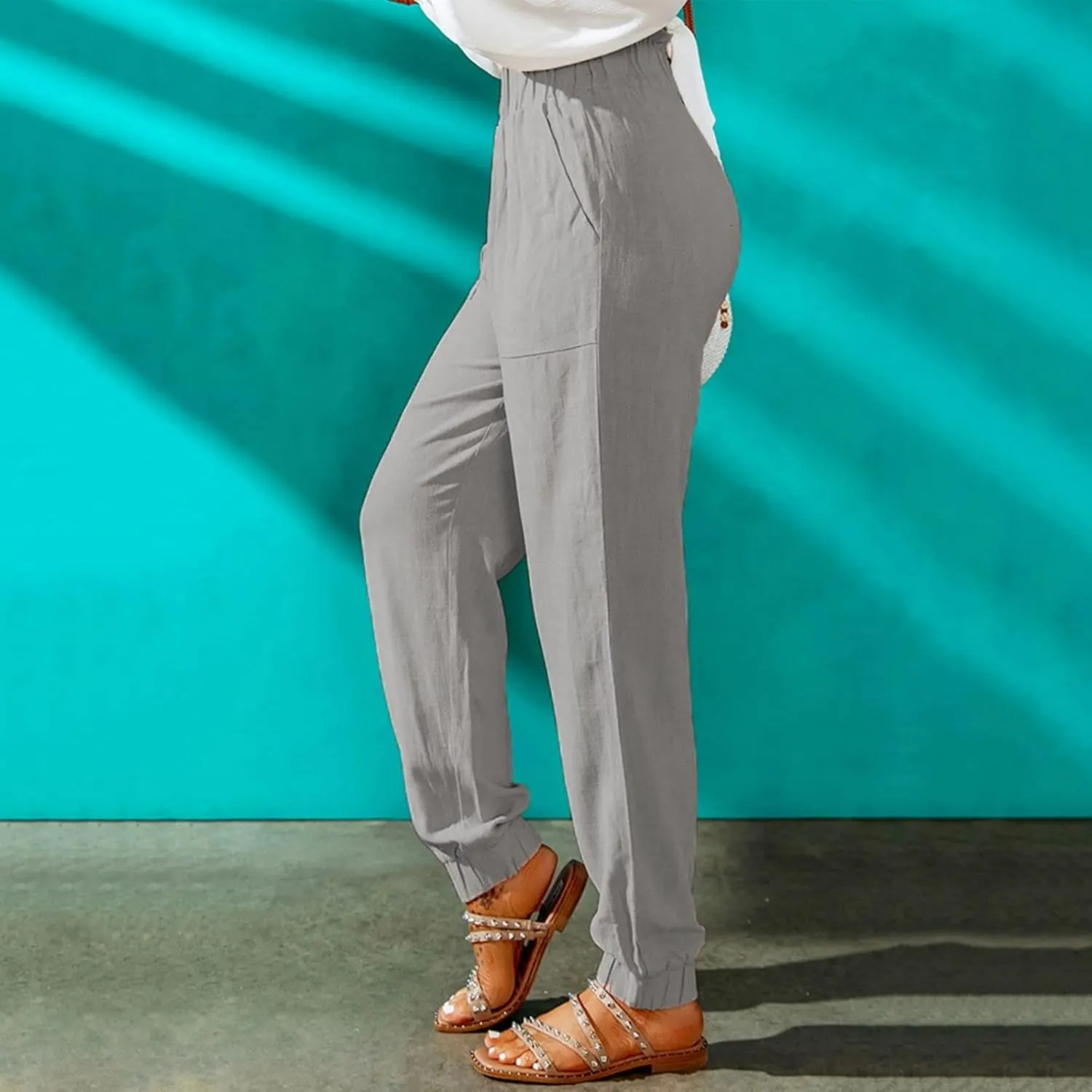 Womens Tapered Pants Summer Stretchy Ruffle High Waisted Pant Business Casual Solid Harem Pants Trousers with Pockets