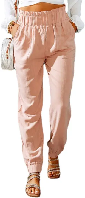Womens Tapered Pants Summer Stretchy Ruffle High Waisted Pant Business Casual Solid Harem Pants Trousers with Pockets