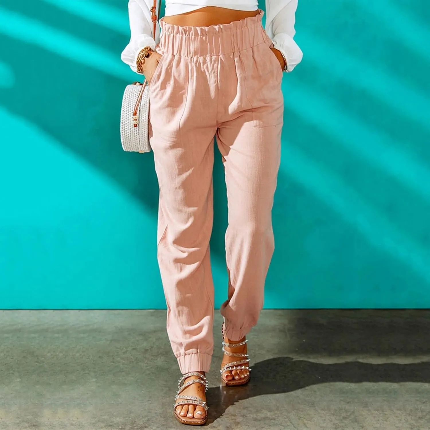 Womens Tapered Pants Summer Stretchy Ruffle High Waisted Pant Business Casual Solid Harem Pants Trousers with Pockets