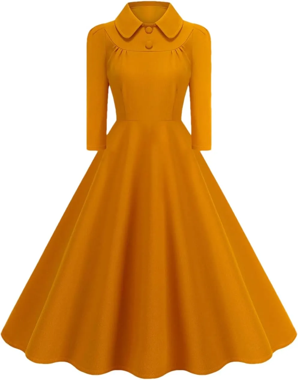 Women's Vintage Long Sleeve Solid Dress Front Button Swing Dress 1950S Dress