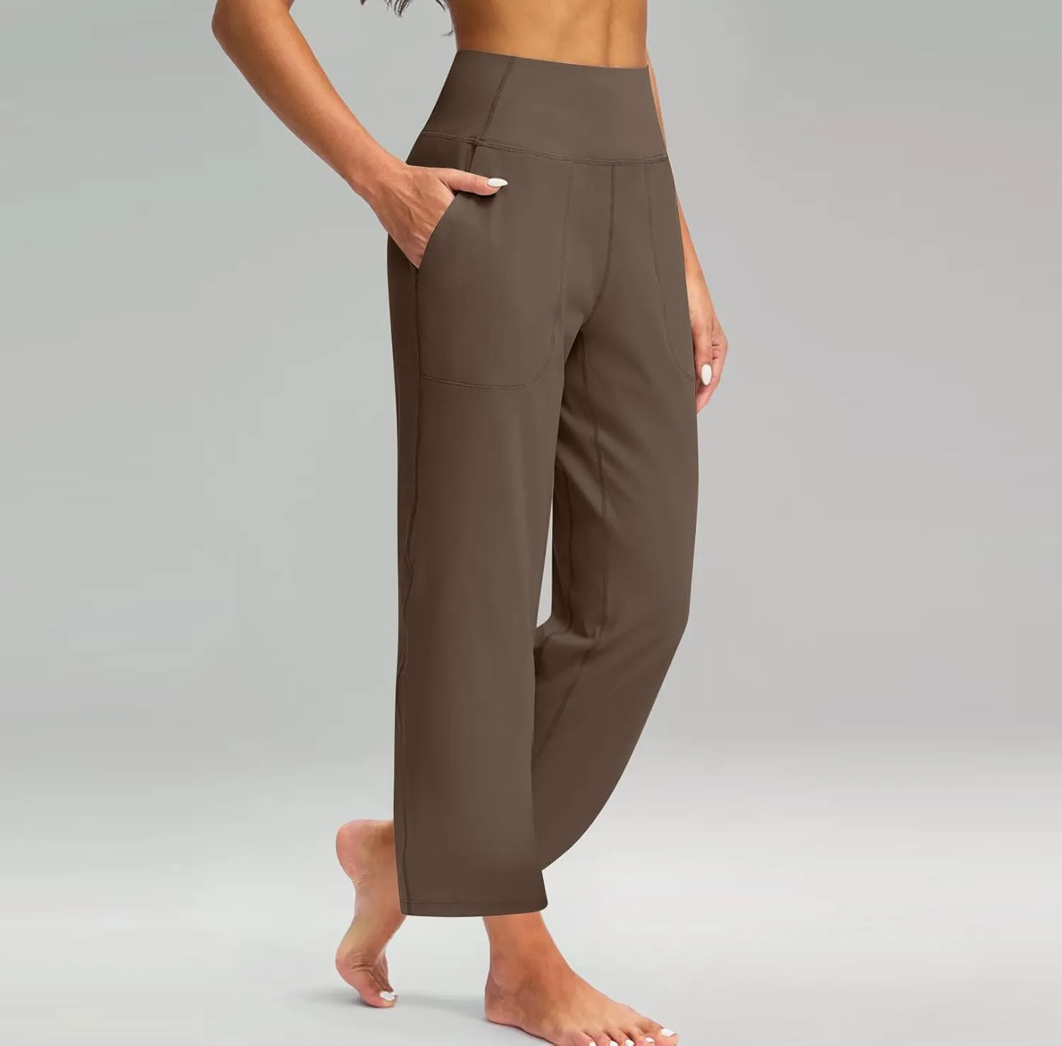Womens Wide Leg Pants Tummy Control Athletic Workout Pants Comfy Solid Color High Waisted Casual Pants with Pockets