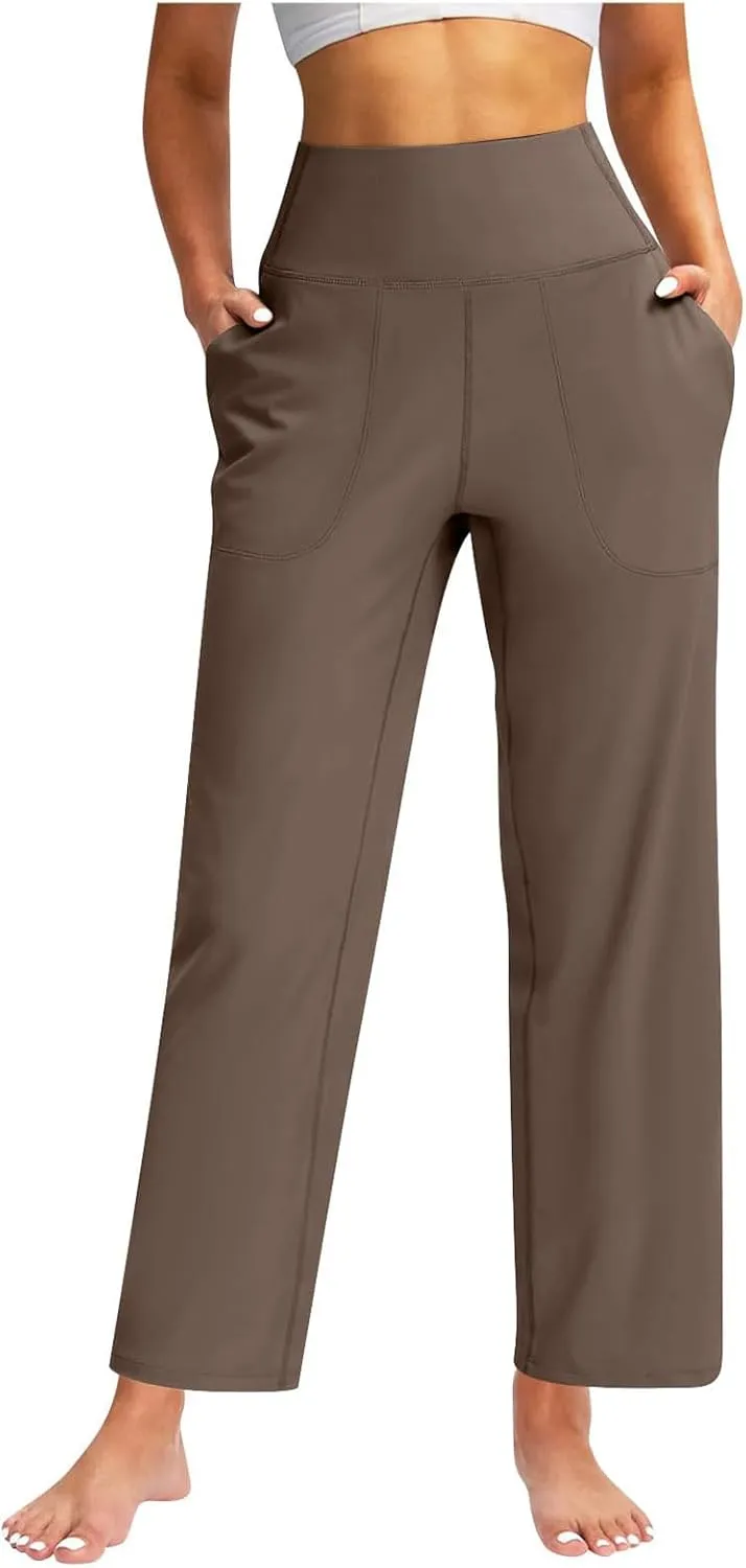 Womens Wide Leg Pants Tummy Control Athletic Workout Pants Comfy Solid Color High Waisted Casual Pants with Pockets