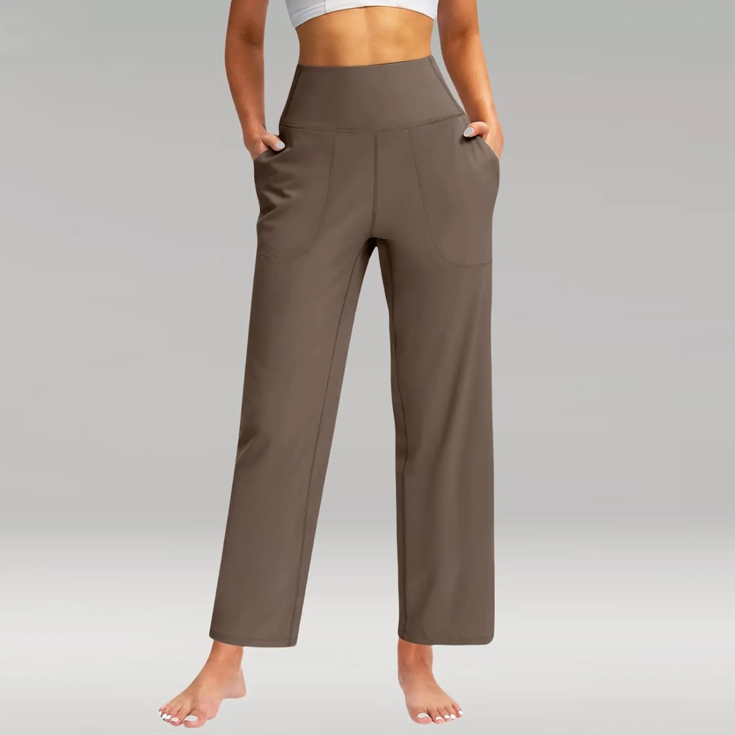 Womens Wide Leg Pants Tummy Control Athletic Workout Pants Comfy Solid Color High Waisted Casual Pants with Pockets