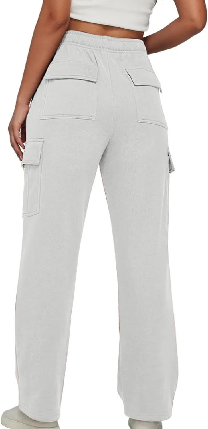 Workpant for Women 2024 Fashion Elastic Solid Sweatpant Straight Leg Crop Comfy Trousers with Side Pockets