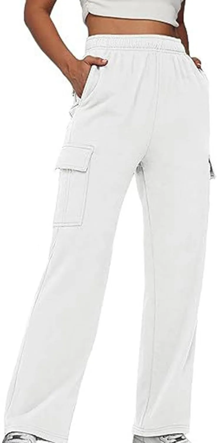Workpant for Women 2024 Fashion Elastic Solid Sweatpant Straight Leg Crop Comfy Trousers with Side Pockets