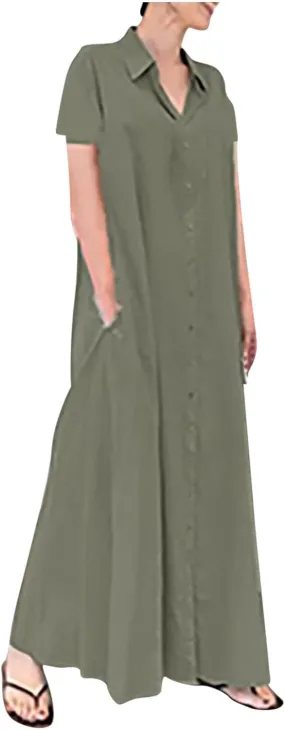 XUNRYAN Linen Dresses Women 2023 Summer Casual Baggy Button Shirt Blouse Dress Mature Ladies Maxi Dress Ankle Length Pockets