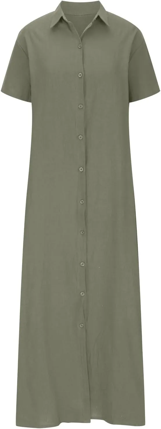 XUNRYAN Linen Dresses Women 2023 Summer Casual Baggy Button Shirt Blouse Dress Mature Ladies Maxi Dress Ankle Length Pockets