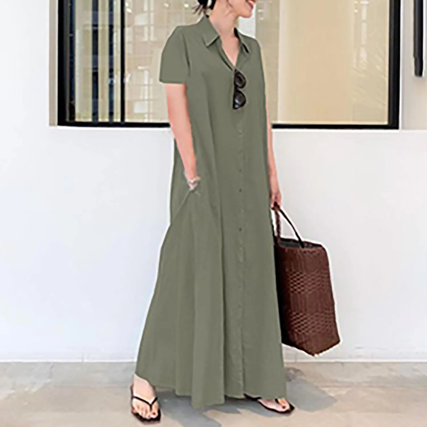 XUNRYAN Linen Dresses Women 2023 Summer Casual Baggy Button Shirt Blouse Dress Mature Ladies Maxi Dress Ankle Length Pockets