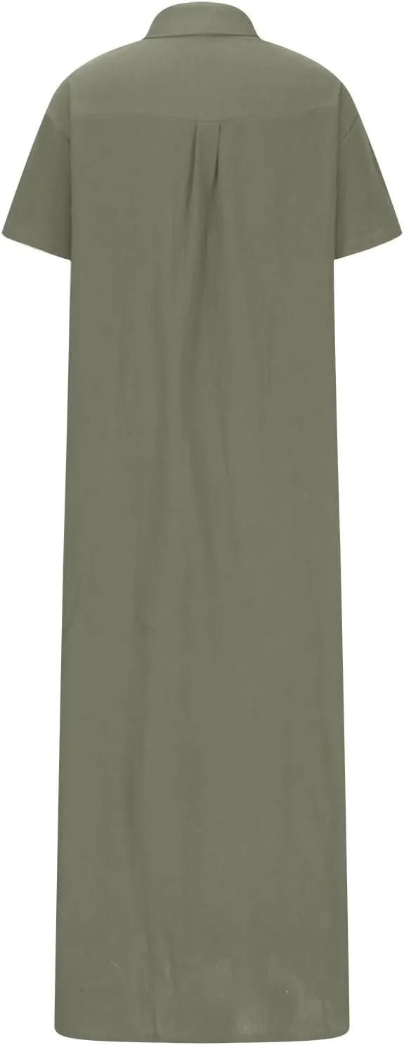 XUNRYAN Linen Dresses Women 2023 Summer Casual Baggy Button Shirt Blouse Dress Mature Ladies Maxi Dress Ankle Length Pockets