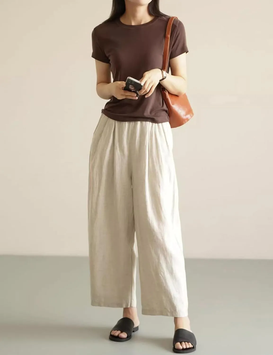 Yeokou Womens Linen Wide Leg Pants Casual Cropped Elastic Waist Summer Beach Vacation Harem Pants with Pockets