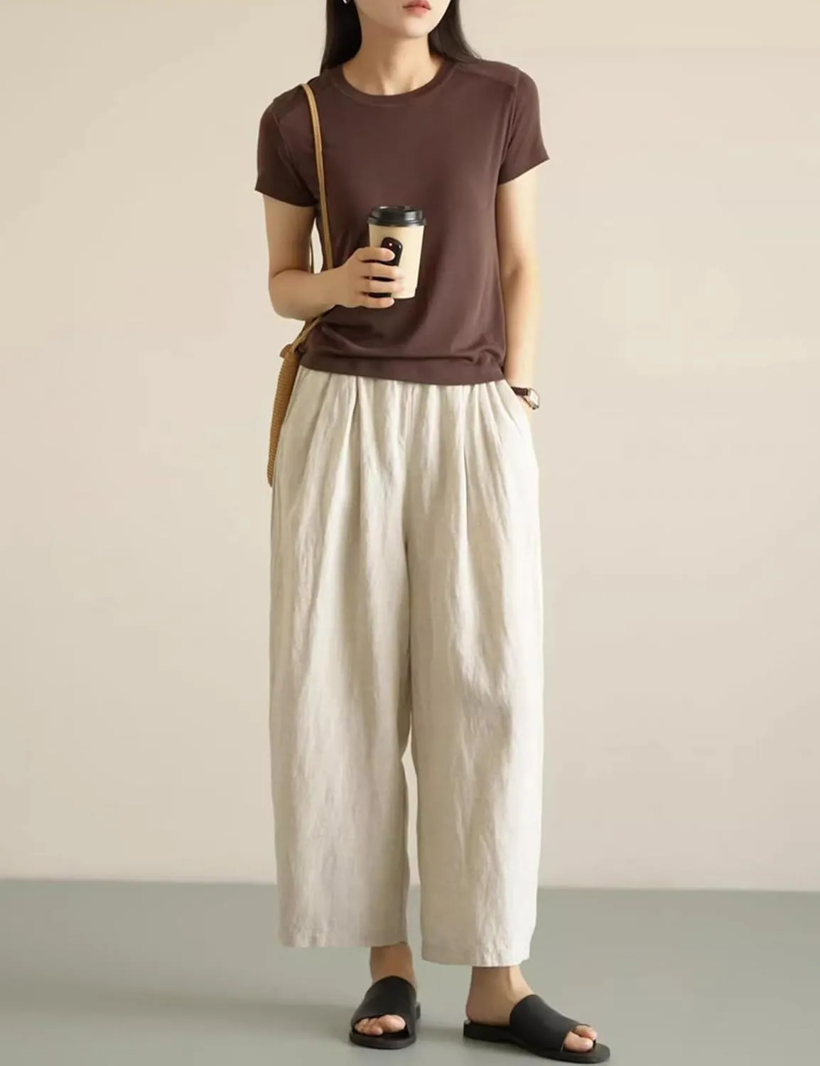 Yeokou Womens Linen Wide Leg Pants Casual Cropped Elastic Waist Summer Beach Vacation Harem Pants with Pockets