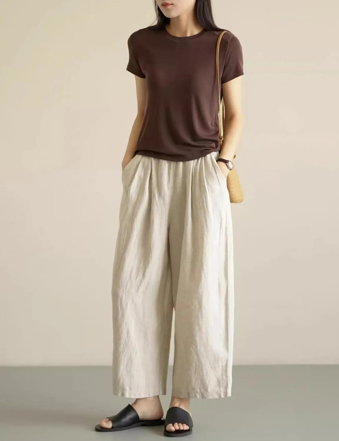 Yeokou Womens Linen Wide Leg Pants Casual Cropped Elastic Waist Summer Beach Vacation Harem Pants with Pockets