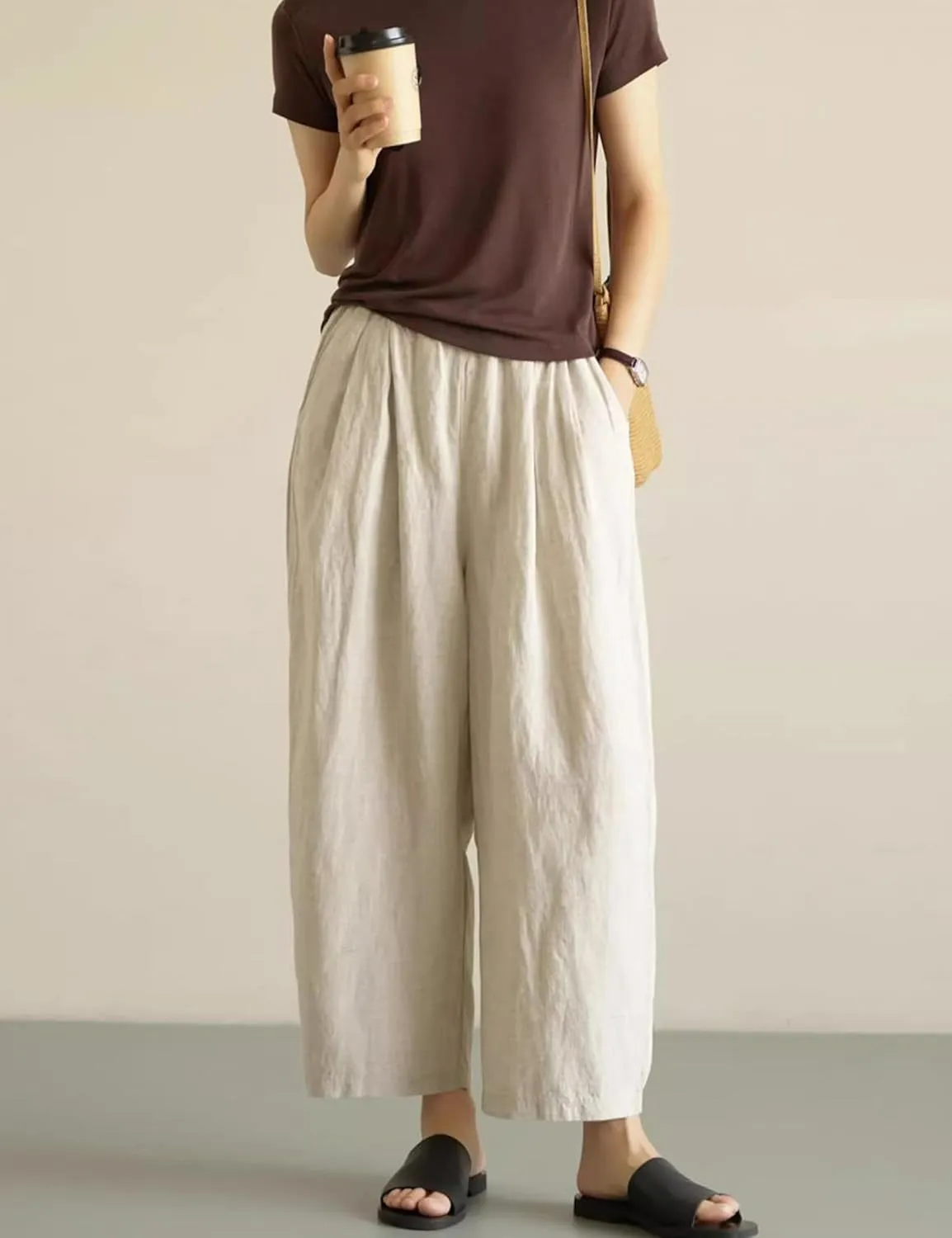 Yeokou Womens Linen Wide Leg Pants Casual Cropped Elastic Waist Summer Beach Vacation Harem Pants with Pockets