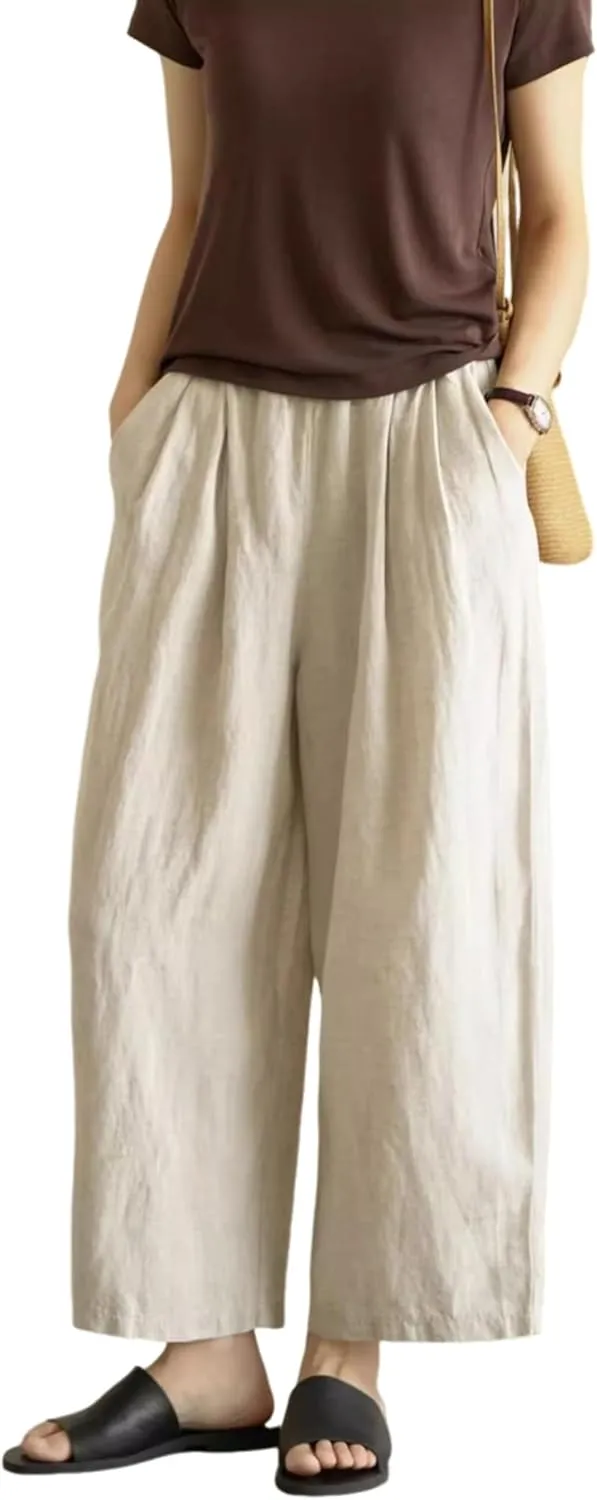 Yeokou Womens Linen Wide Leg Pants Casual Cropped Elastic Waist Summer Beach Vacation Harem Pants with Pockets