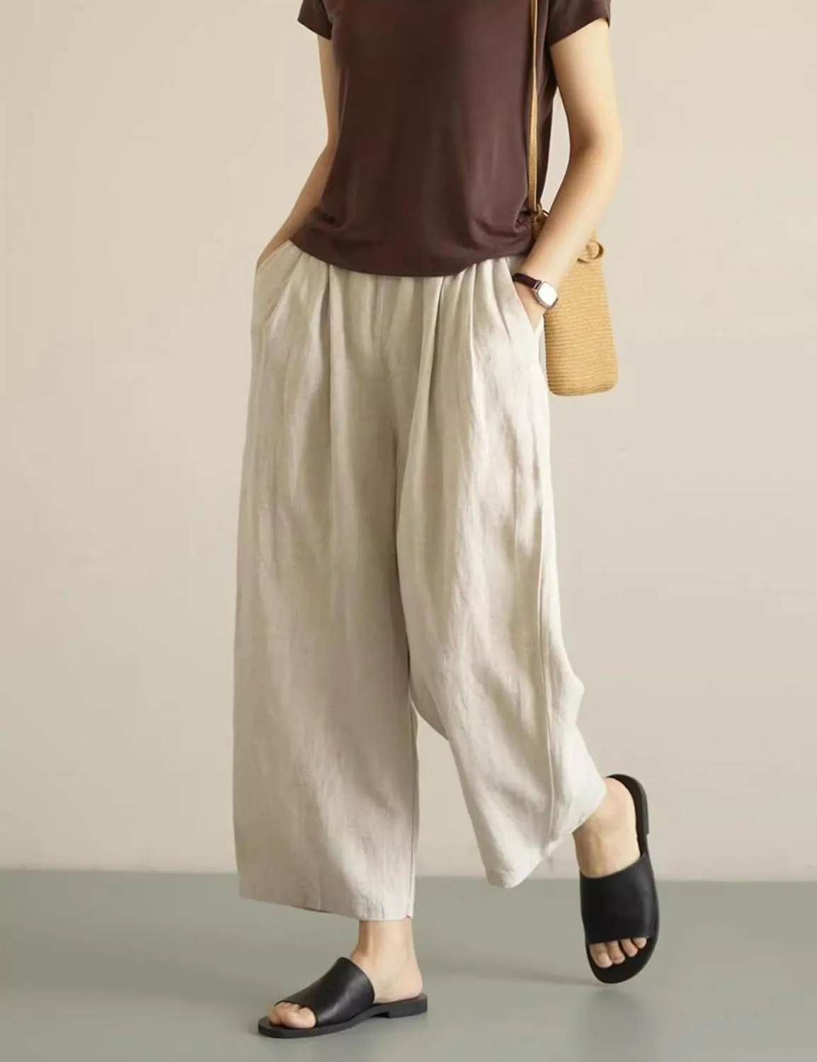 Yeokou Womens Linen Wide Leg Pants Casual Cropped Elastic Waist Summer Beach Vacation Harem Pants with Pockets