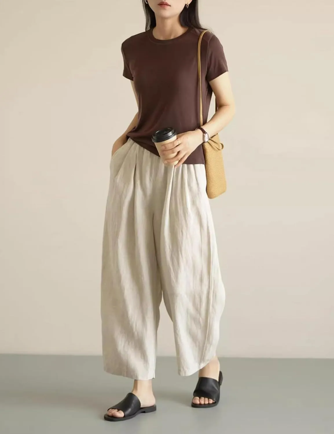 Yeokou Womens Linen Wide Leg Pants Casual Cropped Elastic Waist Summer Beach Vacation Harem Pants with Pockets