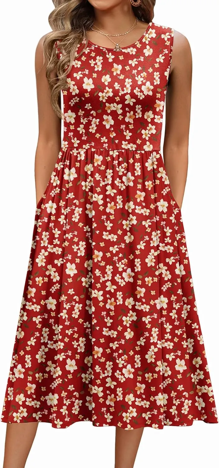 Zeagoo Women's Summer Tank Midi Dress with Pockets Sleeveless A-Line Dress Casual Floral T-Shirt Dress Flowy Beach Sundress