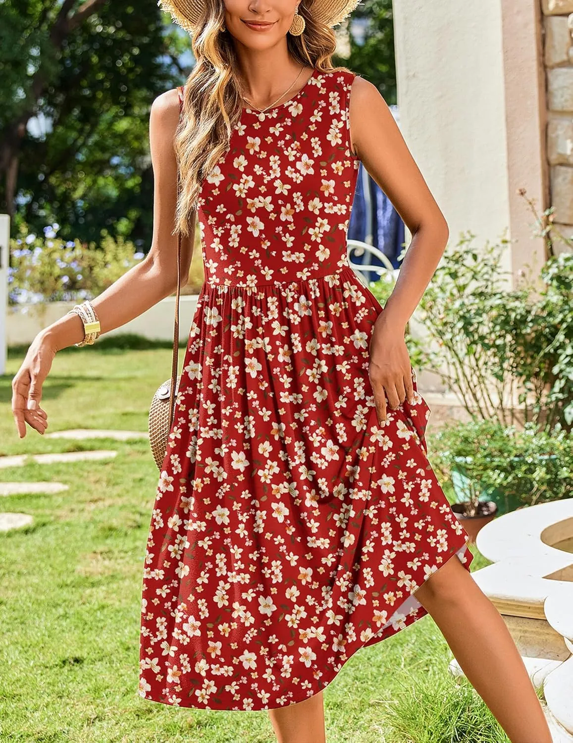 Zeagoo Women's Summer Tank Midi Dress with Pockets Sleeveless A-Line Dress Casual Floral T-Shirt Dress Flowy Beach Sundress