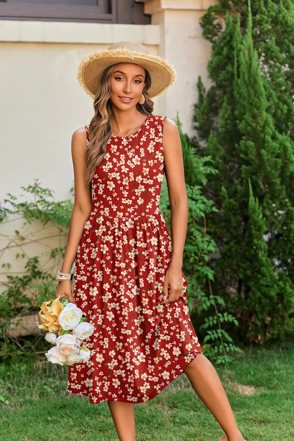 Zeagoo Women's Summer Tank Midi Dress with Pockets Sleeveless A-Line Dress Casual Floral T-Shirt Dress Flowy Beach Sundress