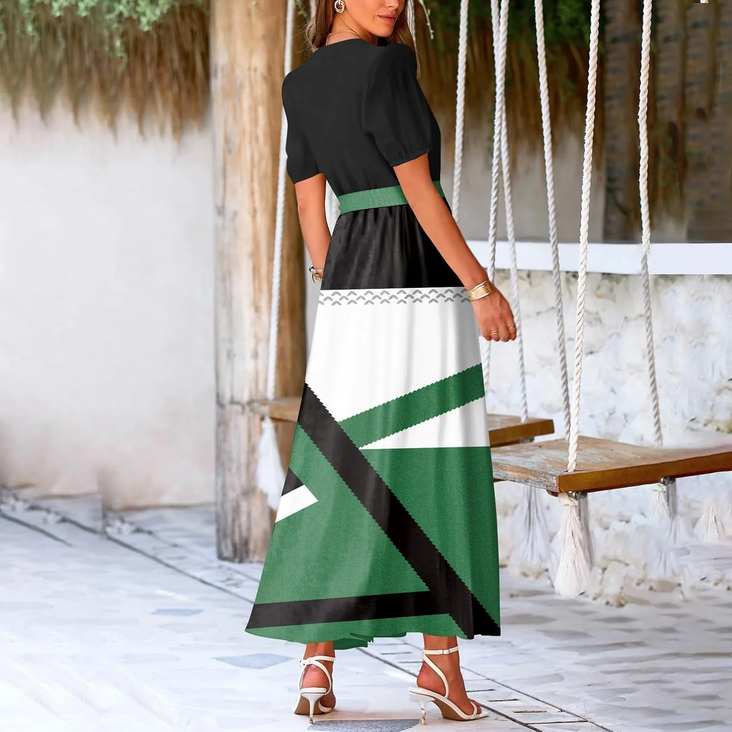 ZEFOTIM Maxi Dress for Women Beach Geometric Dress Short Sleeve V Neck Dresses with Slit