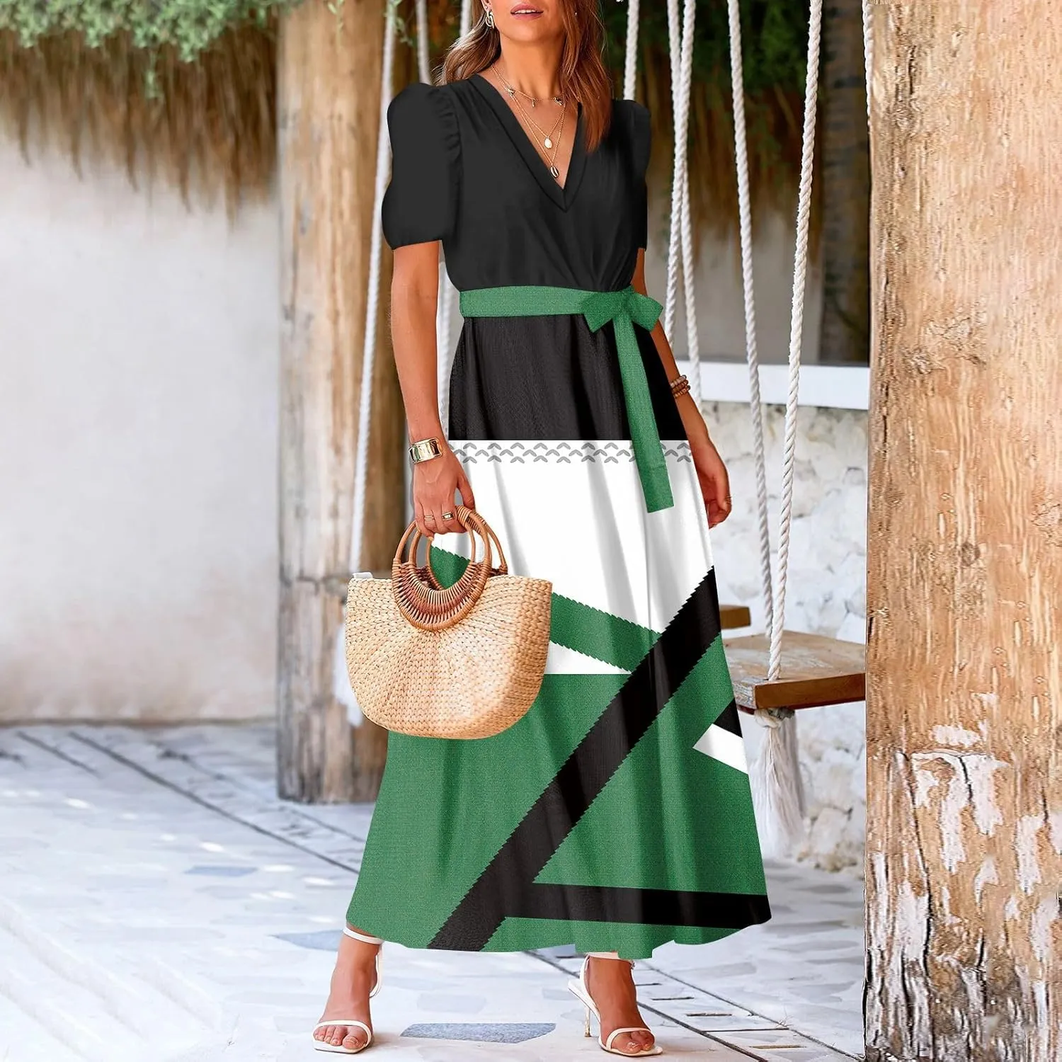 ZEFOTIM Maxi Dress for Women Beach Geometric Dress Short Sleeve V Neck Dresses with Slit
