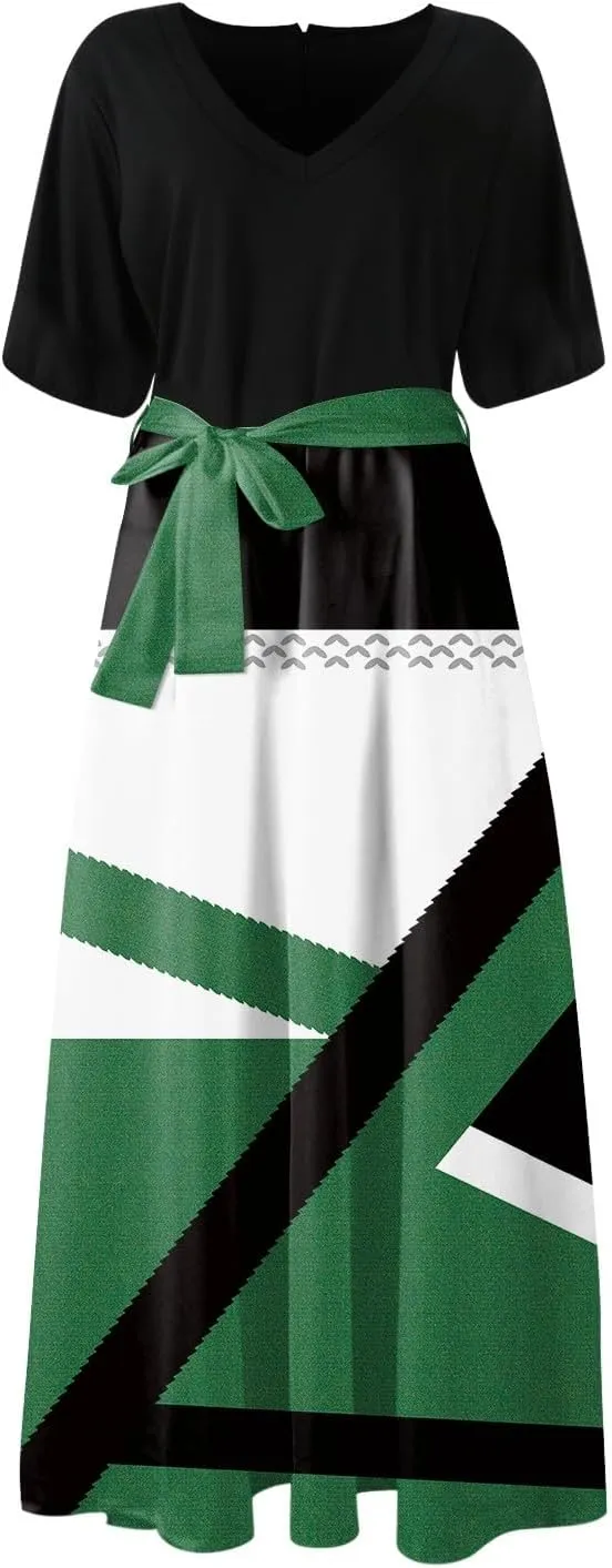 ZEFOTIM Maxi Dress for Women Beach Geometric Dress Short Sleeve V Neck Dresses with Slit